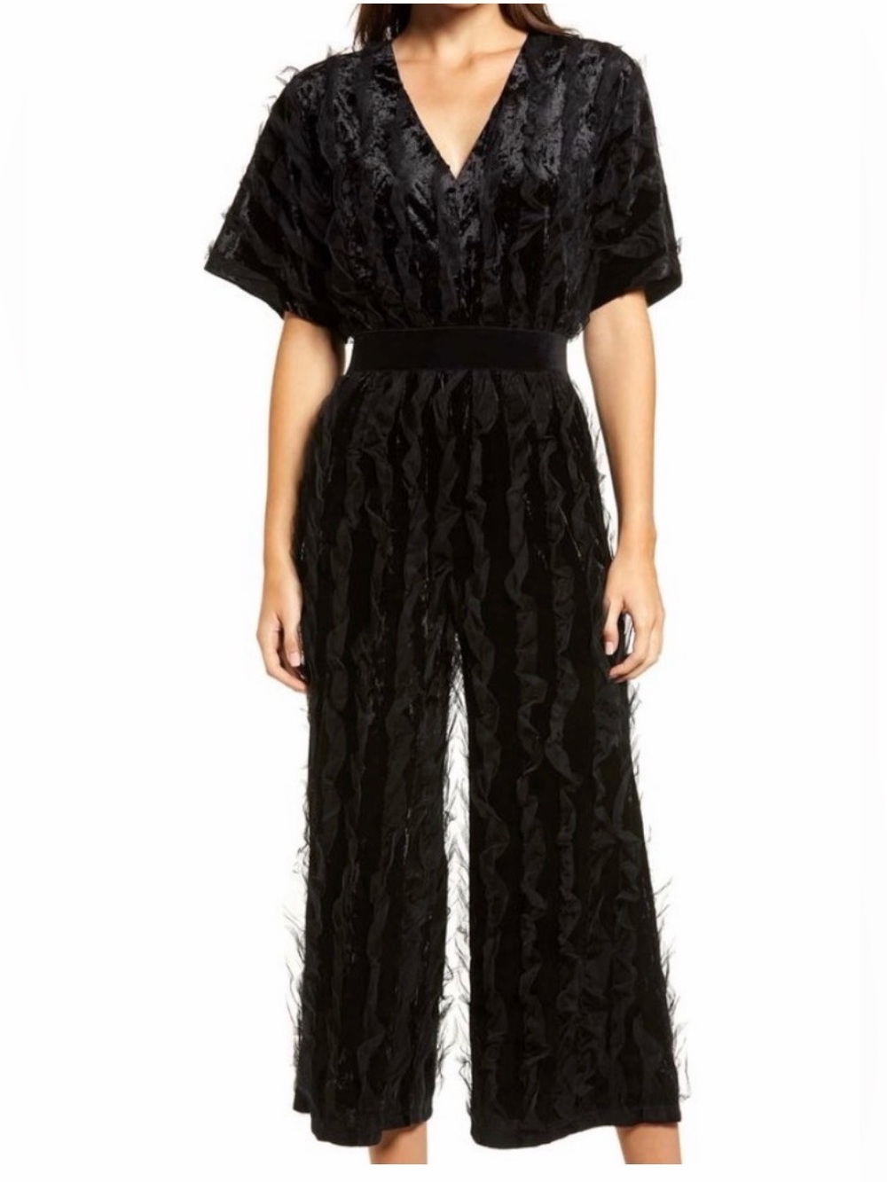 Black Textured V-Neck Jumpsuit with Open Back
